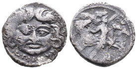 Roman Imperatorial, L. Plautius Plancus, Rome, 47 BC. AR Denarius (17mm, 3.64g). Facing head of Medusa with disheveled hair; serpents on either side. ...