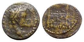 Tiberius (14-37). Æ Semis (17mm, 4.46g, 3h). Rome, c. 14-21. Laureate head r. R/ Front elevation of the Altar of Lugdunum, decorated with the corona c...