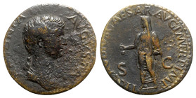 Antonia Minor (Augusta, AD 37 and 41). Æ Dupondius (28mm, 12.32g, 6h). Rome, AD 41-2. Draped bust r. R/ Claudius standing l., holding simpulum and vol...