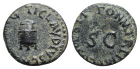 Claudius (41-54). Æ Quadrans (15.5mm, 2.40g, 6h). Rome, AD 41. Three-legged modius. R/ Legend around large S • C. RIC I 90. Green patina, Good VF