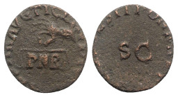 Claudius (41-54). Æ Quadrans (14.5mm, 2.35g, 12h). Rome, AD 42. Hand l., holding scales; PNR below. R/ Legend around large S • C. RIC I 91. Near VF
