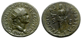 Vespasian (69-79). Æ Dupondius (27mm, 13.00g, 6h). Rome, AD 74. Radiate head r. R/ Felicitas standing l., holding short caduceus and cornucopia. RIC I...