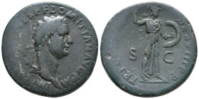 Domitian (81-96). Æ Sestertius (34mm, 24.53g). Rome, AD 81. Laureate head r. R/ Minerva, helmeted and draped, with aegis down back, advancing r., bran...