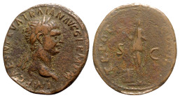 Trajan (98-117). Æ As (29mm, 11.04g, 6h). Rome, 98-9. Laureate head r. R/ Pietas standing facing, r. hand raised, l. on breast, lighted altar l. RIC I...