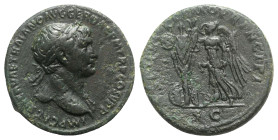 Trajan (98-117). Æ As (27mm, 9.64g, 6h). Rome, c. 106-7. Laureate bust r., slight drapery. R/ Victory standing l., holding palm frond and erecting a t...