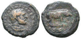 Trajan (98-117). Æ Quadrans (20mm, 3.75g). Rome, c. 98-102. Diademed bust of Hercules r., wearing lion skin. R/ Boar walking r. RIC II 702; Woytek 602...