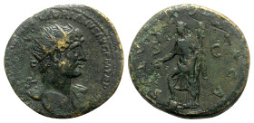 Hadrian (117-138). Æ Dupondius (27mm, 16.48g, 6h). Rome, c. 120-2. Radiate bust r., slight drapery. R/ Salus standing l., with r. foot on globe, holdi...