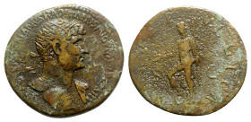 Hadrian (117-138). Æ Dupondius (28mm, 12.53g, 6h). Rome, c. 120-2. Radiate bust r., slight drapery. R/ Salus standing l., with r. foot on globe, holdi...