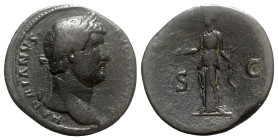 Hadrian (117-138). Æ Sestertius (32mm, 21.59g, 6h). Rome, c. 134-8. Laureate head r. R/ Diana standing l., holding arrow and bow. RIC II 777. Dark pat...