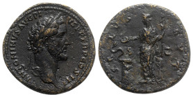 Antoninus Pius (138-161). Æ Sestertius (34mm, 25.28g, 11h). Rome, c. 141-3. Laureate head r. R/ Salus standing l., holding sceptre and feeding from pa...