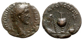 Antoninus Pius (138-161). Æ As (26mm, 10.54g, 12h). Rome, 141-3. Bare head r. R/ Priestly implements: knife, sprinkler, ewer, lituus, and simpulum. RI...