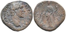 Antoninus Pius (138-161). Æ Sestertius (30mm, 15.32g). Rome, 145-7. Laureate bust r. R/ Pax standing l., setting fire to pile of arms with torch and h...