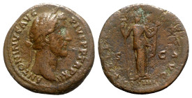 Antoninus Pius (138-161). Æ As (27mm, 10.91g, 6h). Rome, AD 149. Laureate head r. R/ Felicitas standing r., holding long caduceus and fruits in fold o...