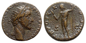 Antoninus Pius (138-161). Æ Dupondius (24mm, 10.04g, 6g). Rome, AD 156. Radiate head r. R/ Jupiter standing l., holding thunderbolt and sceptre. RIC I...