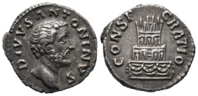 Divus Antoninus Pius (died 161). AR Denarius (17mm, 2.84g). Rome, AD 161. Bare head r. R/ Funeral pyre of four tiers, decorated with garlands, surmoun...