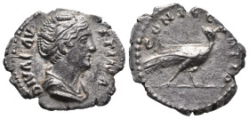 Diva Faustina Senior (died 140/1). AR Denarius (18mm, 2.77g). Rome, c. 146-161. Draped bust r. R/ Peacock walking r., head l. RIC III 384a (Pius); RSC...