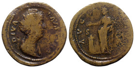 Diva Faustina Senior (died AD 140/1). Æ Sestertius (36mm, 23.86g, 6h). Rome, 141-6. Draped bust r. R/ Vesta standing l., holding palladium and sacrifi...