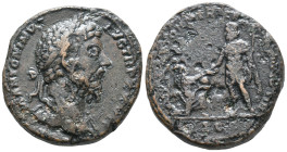 Marcus Aurelius (161-180). Æ Sestertius (32mm, 25.91g). Rome, AD 173. Laureate bust r., with slight drapery. R/ Aurelius standing l., raising kneeling...