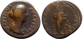 Faustina Junior (Augusta, 147-175). Æ Sestertius (33mm, 27.27g, 6h). Rome, c. 157-161. Draped bust r. R/ Fecunditas standing facing, head l., holding ...