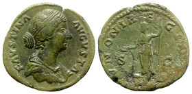 Faustina Junior (Augusta, 147-175). Æ Sestertius (32.5mm, 17.76g, 12h). Rome, 161-4. Draped bust r., band of pearls in hair. R/ Juno standing l., hold...