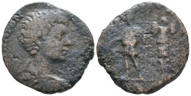 Caracalla (Caesar, 196-198). Æ Sestertius (27mm, 14.58g). Rome, 196-7. Bareheaded, draped and cuirassed bust r. R/ Caracalla standing l., holding bato...