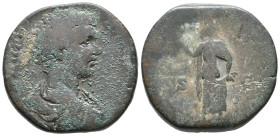 Caracalla (Caesar, 196-198). Æ Sestertius (27mm, 19.98g). Rome, 196-7. Bareheaded, draped and cuirassed bust r. R/ Spes walking l., holding flower and...