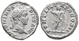 Caracalla (198-217). AR Denarius (19mm, 3.78g). Rome, AD 207. Laureate head r. R/ Caracalla standing r., r. foot resting on helmet, holding inverted s...