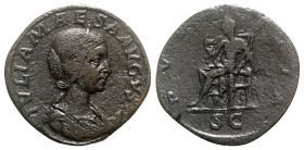 Julia Maesa (Augusta, 218-224/5). Æ Sestertius (30mm, 21.69g, 12h). Rome, 218-220. Draped bust r., wearing stephane. R/ Pudicitia seated l., drawing v...