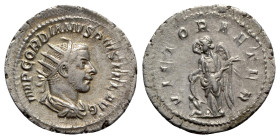 Gordian III (238-244). AR Antoninianus (24mm, 4.21g, 6h). Rome, AD 244. Radiate, draped and cuirassed bust r. R/ Victory standing facing, head l., hol...
