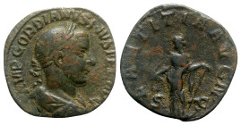 Gordian III (238-244). Æ Sestertius (30mm, 15.11g, 11h). Rome, AD 241. Laureate, draped and cuirassed bust r. R/ Laetitia standing facing, head l., ho...