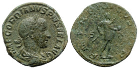 Gordian III (238-244). Æ Sestertius (30mm, 19.02g, 12h). Rome, AD 241. Laureate, draped and cuirassed bust r. R/ Gordian advancing r., holding spear a...