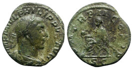 Philip I (244-249). Æ Sestertius (29mm, 16.69g, 12h). Rome, AD 245. Laureate, draped and cuirassed bust r. R/ Philip seated l. on curule chair, holdin...