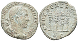 Philip I (244-249). Æ As (28mm, 12.61g). Rome, AD 249. Laureate, draped and cuirassed bust r. R/ Signum surmounted by hand and aquila, flanked by two ...