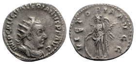 Valerian I (253-260). AR Antoninianus (22mm, 2.58g, 6h). Rome, 256-7. Radiate, draped and cuirassed bust r. R/ Victory standing l., leaning on shield ...