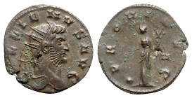 Gallienus (253-268). Antoninianus (19.5mm, 2.18g, 12h). Rome, 265-7. Radiate head r. R/ Providentia standing facing, head l., holding baton and cornuc...