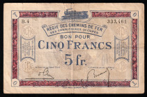 France 5 Francs 1923 Regie Chemin De Fer Territories Occupes
