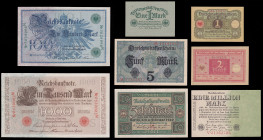 Germany 100 Mark 1908, 1000 Mark 1910, 2 Mark 1920, 5 Mark 1917, 10 Mark 1920, 2x1 Mark 1922, 1 Million Mark 1923. 8 pcs.
