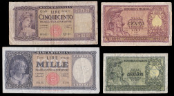 Italy 500 Lire 1948, 1000 Lire 1949, 50, 100 Lire 1951. 4 pcs.
