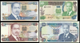 Kenya 10 Shillings 1984, 20 Shillings 1991, 20 Shillings 1997, 50 Shillings 1996. 4 pcs.