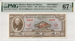 Mexico 100 Pesos 1961 Specimen. PMG Superb Gem UNC 67 EPQ. Almost TOP POP! Total Graded by PMG In 67 EPQ: 15. In Higher Grades: 4