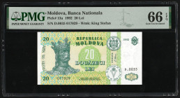 Moldova 20 Lei 1992. PMG 66 EPQ. TOP POP! The finest graded by PMG! Only one copy engraved by PMG 66 EPG