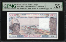 West African States - Togo 5000 Francs 1982. PMG 55. PMG population in 55 EPQ: 0 (1 Finer). Almost TOP POP