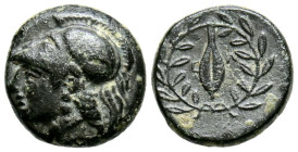 AEOLIS, Elaia. Ae11. (Ae. 1,42g/11mm). 340-300 a.C. (SNG Copenhaguen 169-170; SNG von Aulock 1605). Anv: Cabeza de Atenas a izquierda. Rev: Espiga den...