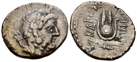 CARIA, Myndos. Dracma. (Ar. 3,00g/18mm). Siglo II-Siglo I a.C. (SNG Copenhagen 438). Anv: Cabeza laureada de Zeus a derecha. Rev: Tocado de Isis, alre...