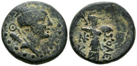 CICILIA, Soloi-Pompeiopolis. (Ae. 7,04g/19mm). 200-0 a. C. Soloi. (SNG Levante 860). Anv: Busto de Artemisa a derecha vistiendo stephane, sobre el hom...
