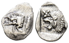 MISIA, Cícico. Óbolo. (Ar. 0,34g/10mm). 450-400 a.C. (SNG, Francia, 375). Anv: Parte delantera de Jabalí a izquierda, detrás atún. Rev: Cabeza de león...