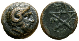 MISIA, Pitane. Ae11. (Ae. 1,23g/11mm). Siglo IV-Siglo III a.C. (SNG BN 2353. Rev: Cabeza de Zeus-Ammon a derecha. Rev: Pentagrama, alrededor leyenda: ...