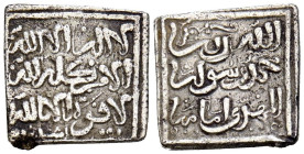 ALMOHADES, Anónimo a nombre del Imam al-Mahdi. Dirham. (Ar. 1,27g/12mm). ¿Agharnata / اغرناطة? (Vives 2097var; Hohertz 586b). MBC. Porosidades. Rarísi...