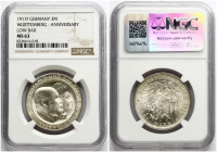 Germany Württemberg 3 Mark 1911 F Wedding Anniversary NGC MS 63
