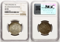 Lithuania 5 Litai 1936 Basanavicius NGC AU 58